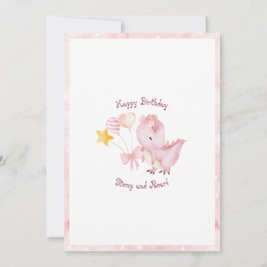 Roze Stomp en Roar Vierde Dinosaurus Verjaardag Kaart (Achterkant)