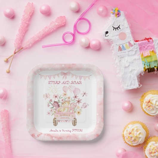Roze Stomp en Roar Vierde Dinosaurus Verjaardag Papieren Bordje (Feest)
