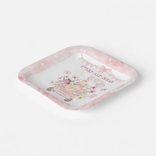 Roze Stomp en Roar Vierde Dinosaurus Verjaardag Papieren Bordje (Gebogen)