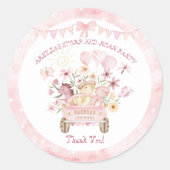 Roze Stomp en Roar Vierde Dinosaurus Verjaardag Ronde Sticker (Voorkant)