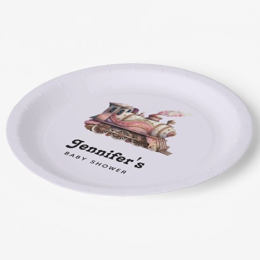 Roze Stoomtrein  Baby shower Papieren Bordje (Gekanteld)