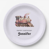 Roze Stoomtrein  Verjaardag Papieren Bordje (Voorkant)