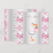 Roze Stork Afro-Amerikaanse Baby Girl Shower Kaart (Voorkant / Achterkant)