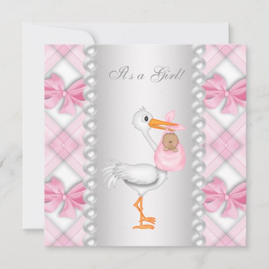 Roze Stork Afro-Amerikaanse Baby Girl Shower Kaart (Voorkant)