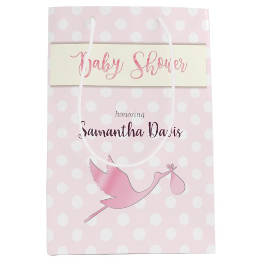 Roze Stork Baby Girl Baby shower Medium Cadeauzakje (Voorkant)