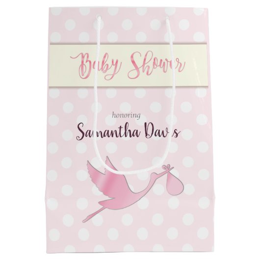 Roze Stork Baby Girl Baby shower Medium Cadeauzakje (Achterkant)