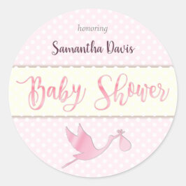 Roze Stork Baby Girl Baby shower Ronde Sticker