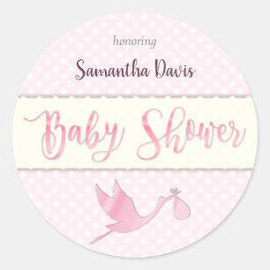 Roze Stork Baby Girl Baby shower Ronde Sticker