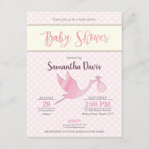 Roze Stork Baby Girl Baby shower Uitnodiging Briefkaart