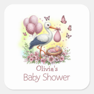 Roze Stork Baby Girl Baby shower Vierkante Sticker