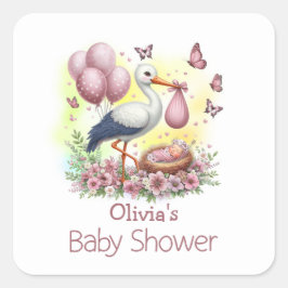Roze Stork Baby Girl Baby shower Vierkante Sticker