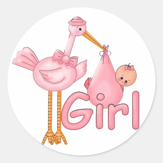 Roze Stork Baby Girl Ronde Sticker (Voorkant)
