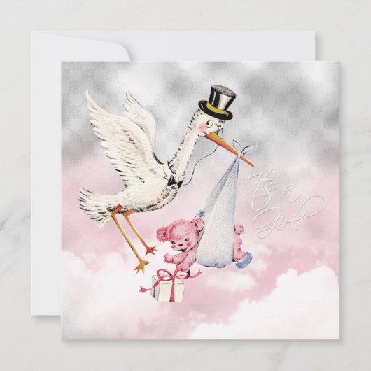 Roze Stork Baby Girl Shower Kaart (Voorkant)