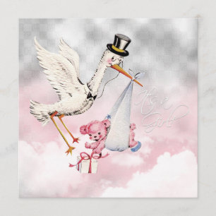 Roze Stork Baby Girl Shower Kaart