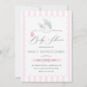 Roze Stork Baby shower Invitation for Baby Girl Kaart (Voorkant)