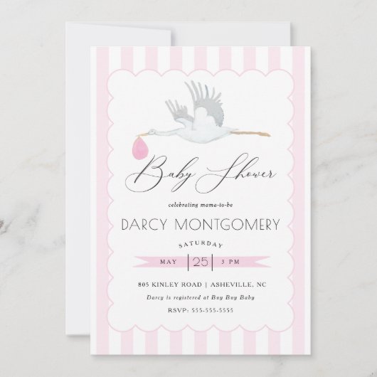 Roze Stork Baby shower Invitation for Baby Girl Kaart (Voorkant)