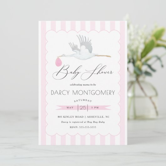 Roze Stork Baby shower Invitation for Baby Girl Kaart (Staand voorkant)