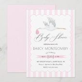 Roze Stork Baby shower Invitation for Baby Girl Kaart (Voorkant / Achterkant)