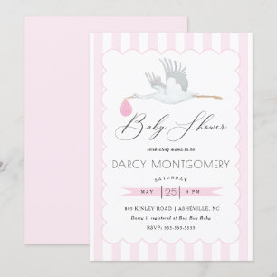 Roze Stork Baby shower Invitation for Baby Girl Kaart