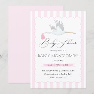 Roze Stork Baby shower Invitation for Baby Girl Kaart