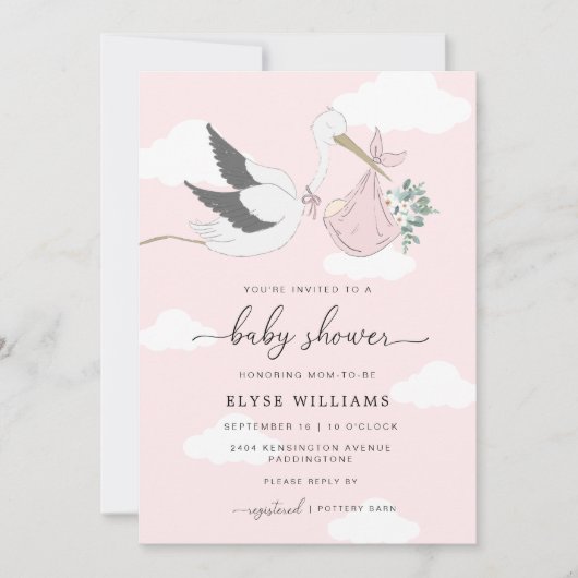 Roze Stork Baby shower Invitation Kaart (Voorkant)