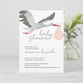 Roze Stork Baby shower Invitation Kaart (Staand voorkant)