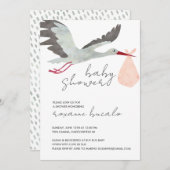 Roze Stork Baby shower Invitation Kaart (Voorkant / Achterkant)