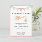 Roze Stork Baby shower Invitation Kaart (Staand voorkant)