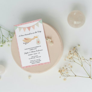 Roze Stork Baby shower Invitation Kaart