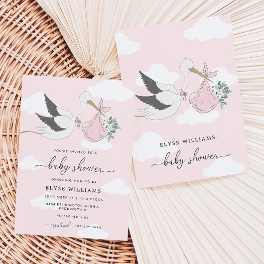 Roze Stork Baby shower Invitation Kaart