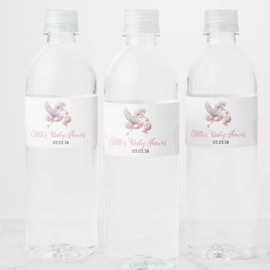 Roze Stork Cloud Baby shower Waterfles Etiket