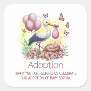 Roze Stork Meisje Adoptie Baby shower Dank u Vierkante Sticker