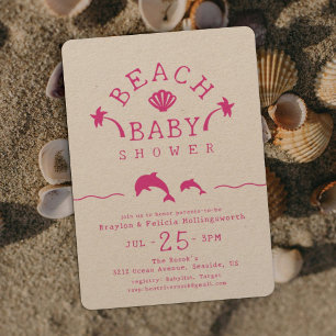Roze Strand Baby Oceaan Scène Baby Shower Uitnodig Kaart