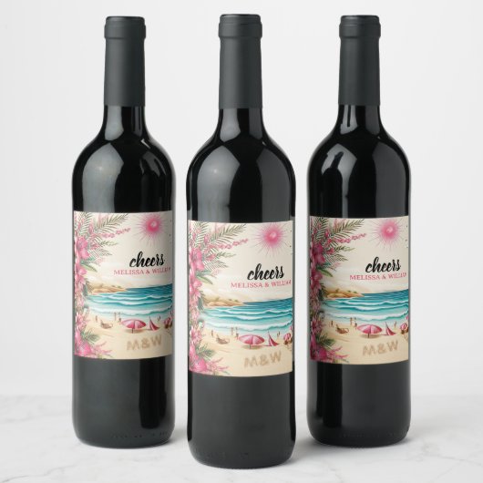 Roze strand bruiloft feest wijn etiket (Flessen)