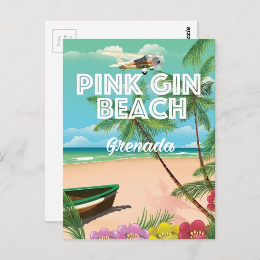Roze strand Grenada reisposter Briefkaart (Voorkant / Achterkant)