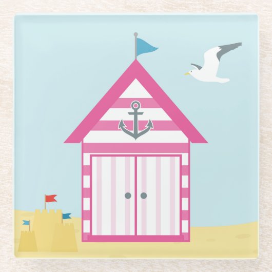 Roze strand Hut Glazen Onderzetter (Voorkant)