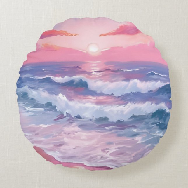 Roze strand oceaan oever geschilderd rond kussen (Voorkant)