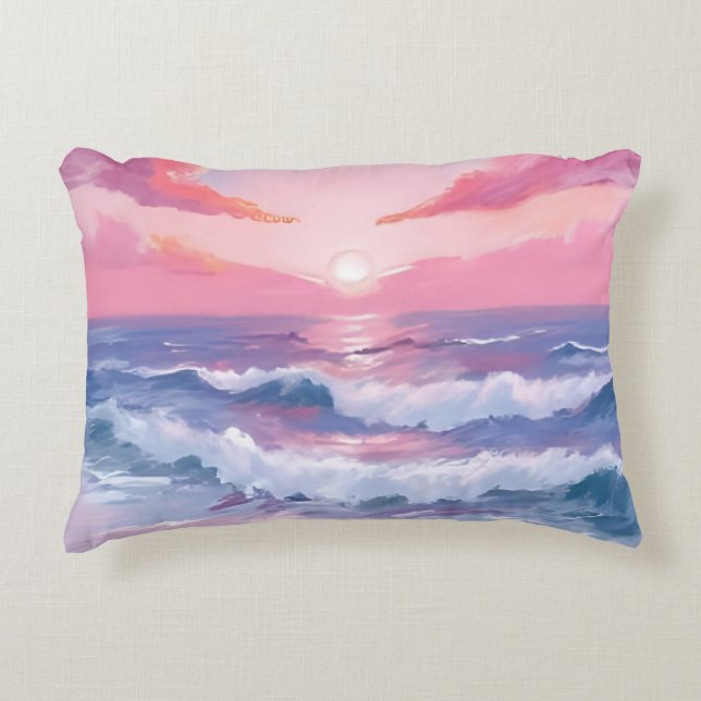Roze Strand Oceaankust Geschilderd Accent Kussen (Voorkant)