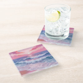 Roze Strand Oceanshore Geschilderd Glazen Onderzetter
