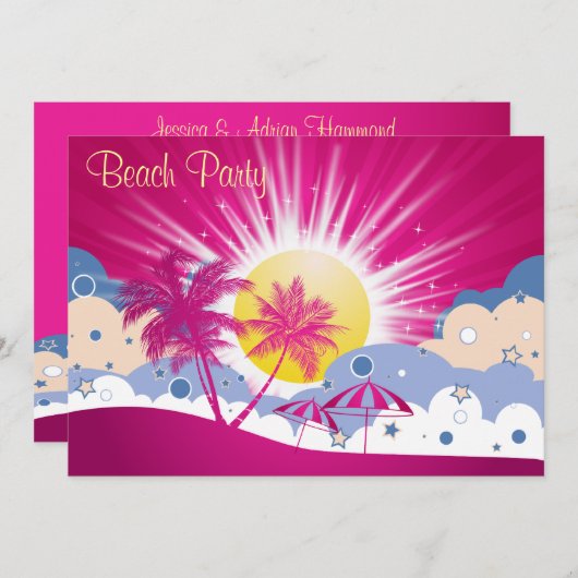 -roze strand party kaart (Voorkant / Achterkant)