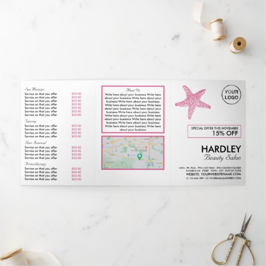 Roze strand Starfish, Beauty Salon Tri-Fold Flyer Drieluik Uitnodiging (Buitenkant)