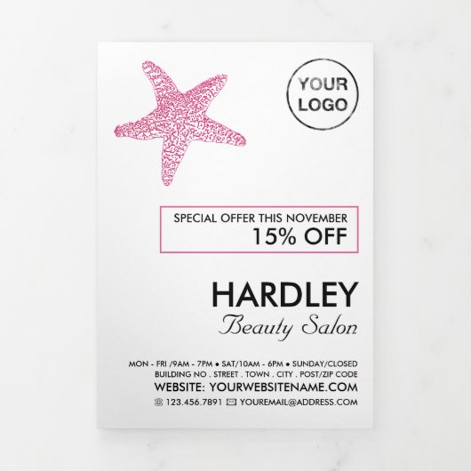 Roze strand Starfish, Beauty Salon Tri-Fold Flyer Drieluik Uitnodiging (Cover)