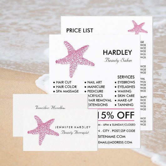Roze strand Starfish, schoonheidsspecialist, Beaut Visitekaartje