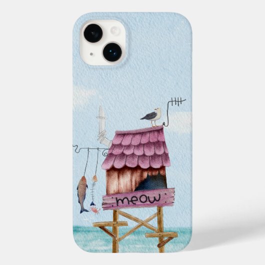 Roze strand vissershut pier stelten vogel vis miau Case-Mate iPhone case (Achterkant)