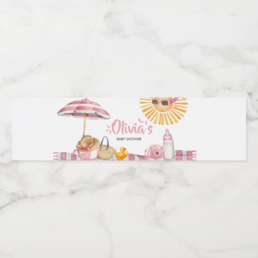 Roze strand zomer baby shower waterfles etiket (Enkel label)