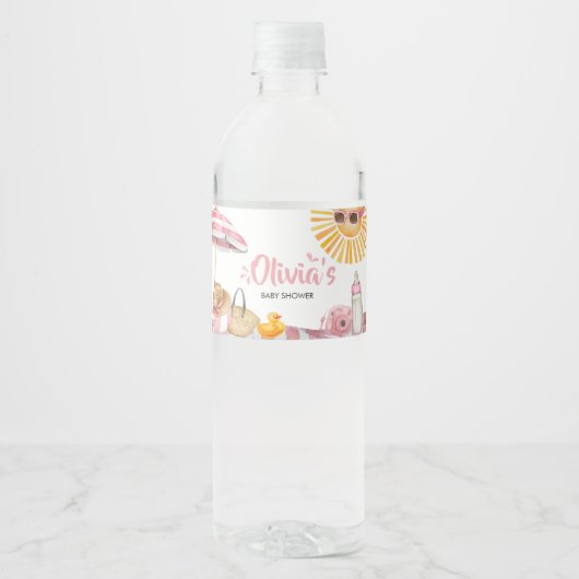Roze strand zomer baby shower waterfles etiket (Voorkant)