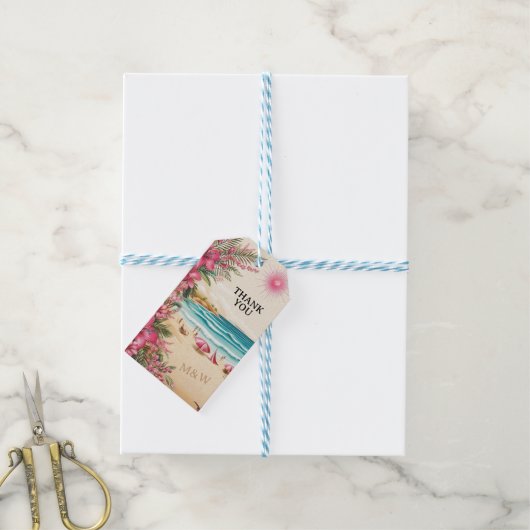 Roze strandbruiloft cadeaulabel (Met Touw)