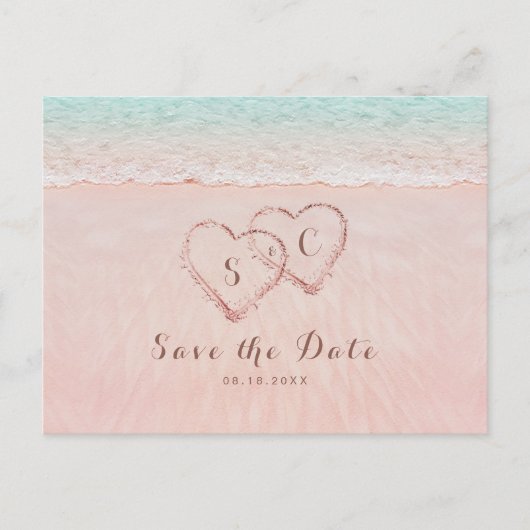 Roze strandharten in het zand save the date aankondigingskaart (Voorkant)