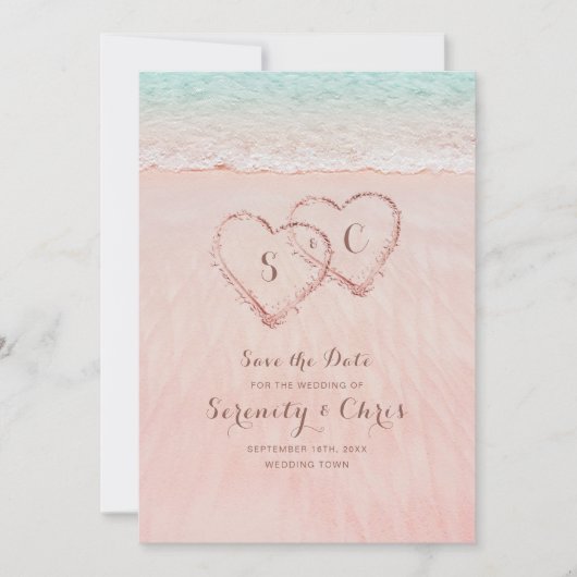 Roze strandhartjes in het zand save the date (Voorkant)