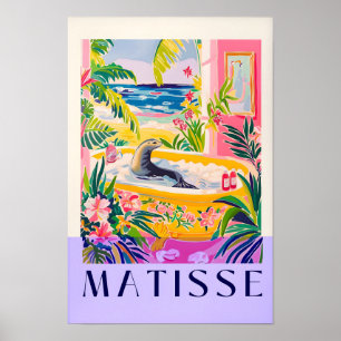 Roze strandhuis decor, zeeleeuw in badkuip Matiss Poster